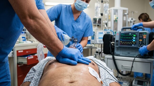 Medical emergency team performing CPR and bag-valve-mask ventilation on patient
