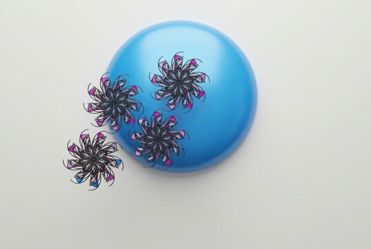 Abstract composition featuring glossy bright blue 3D dome sphere with four intricate spiral flower motifs overlapping light grey background vector illustration for tech cover or digital banner art