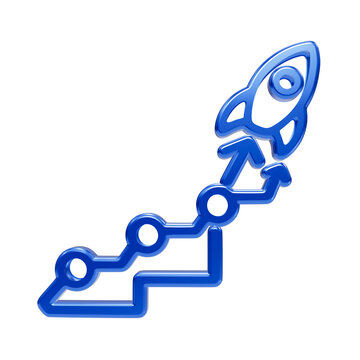 Shiny blue rocket launching upward over step chart and nodes representing business growth and progress