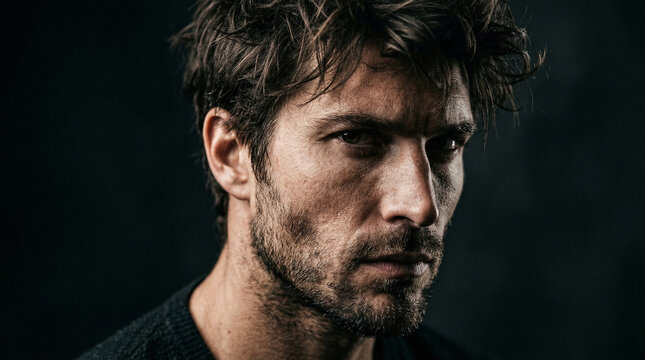 Dramatic portrait of handsome man looking directly at camera perfect for intense emotional concepts and modern male fashion