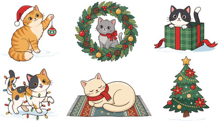 Fototapeta premium Cartoon cats with christmas decorations a vector illustration