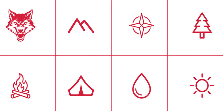Minimalist red camping icons set, outdoor adventure line art symbols, 8 nature and travel vector elements for hiking and scouting branding