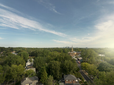 Aerial view of the Five Points and Hayes Barton neighborhood in Raleigh, NC with North Hills in the distance