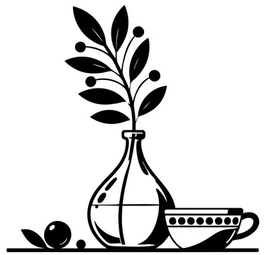 Cherry Berry Happy Characters Still Life with Vase and Teacup Vector Illustration
A stylish, commercial-grade black and white vector illustration featuring a botanical branch in a glass 