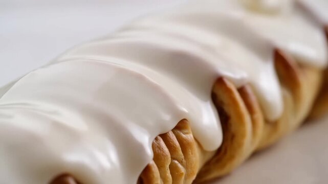 Slow motion close up shot of braided pastry being poured with creamy glaze while being coated on kitchen countertop in bakery studio