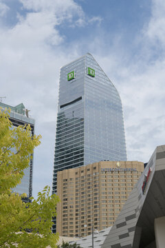 view of TD Terrace (160 Front St W) and InterContinental hotel, located at 225 Front St W (Metro Toronto Convention Centre) and the aquarium seen from Roundhouse Park