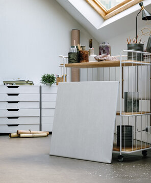 Canvas Mockup in Artist Studio, Scandinavian Interior, 3D Render