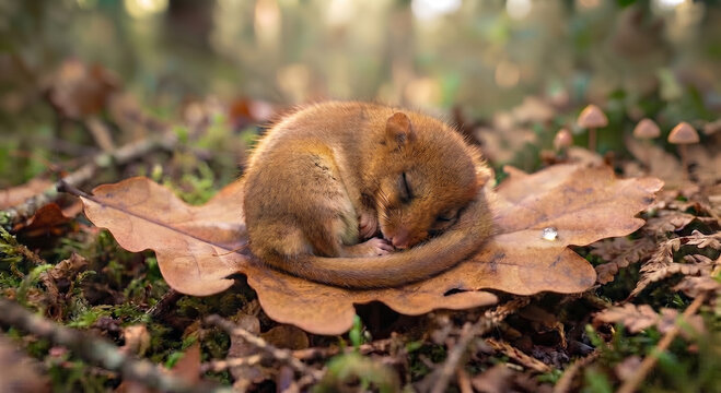 Macro photography of a tiny wild dormouse curled up sleeping deeply on a crisp autumn oak leaf in a forest