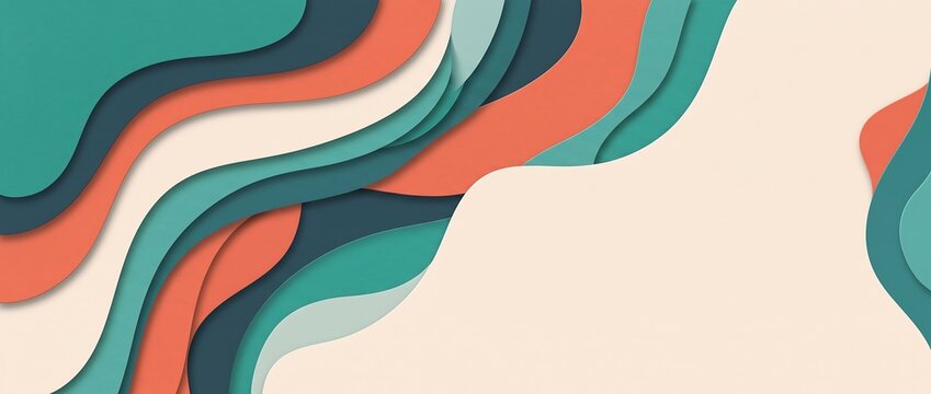 Abstract paper cut background with layered wavy shapes in teal orange and cream with copy space