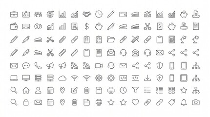 Fototapeta premium Collection of thin line business and technology icons arranged in a grid