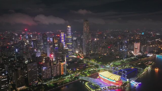 Aerial Night View of Guangzhou CBD Skyline and Pearl River, China in Guangzhou, China