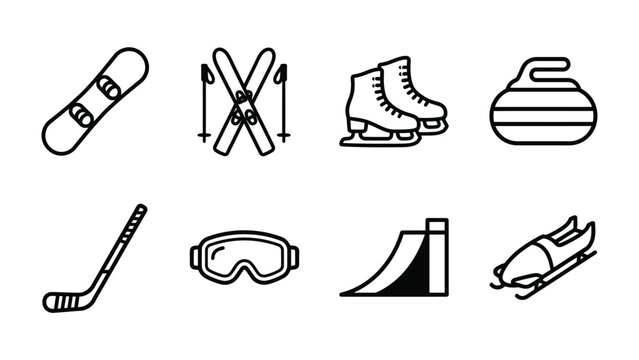 Winter Sports Icon Set: A collection of stylized line icons representing various winter sports equipment, including a snowboard, skis, ice skates, curling stone, hockey stick, goggles, ramp.