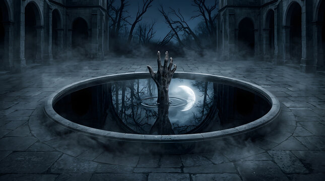 Spooky skeletal hand emerging from dark circular stone fountain in haunted courtyard at night with gothic architecture creepy shadows supernatural event halloween background