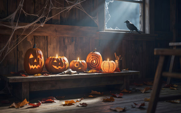 Row of glowing jack-o-lanterns on rustic wooden table inside dark dilapidated room with broken window carved pumpkins halloween decorations halloween night dark interior