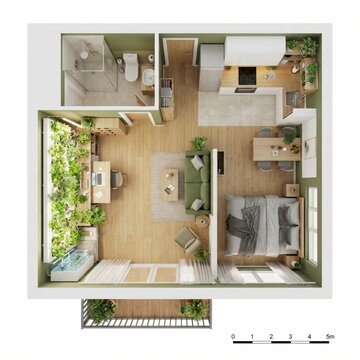 Detailed top down floor plan of a modern apartment with green interior design