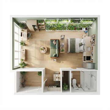 Top down view of an apartment floor plan with indoor vertical garden wall