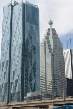 south-east elevations of CIBC Square (141 Bay St), TD Place, and First Canadian Place/BMO Bank of Montreal, Toronto Financial District (viewed south of Gardiner Expressway east of Yonge St)