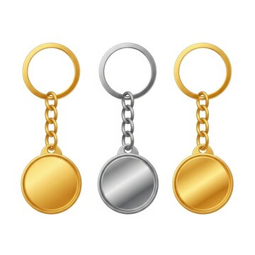 Three keychains with circular pendants isolated on white background