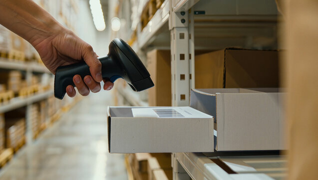 Hand held scanner scanning package on warehouse shelf