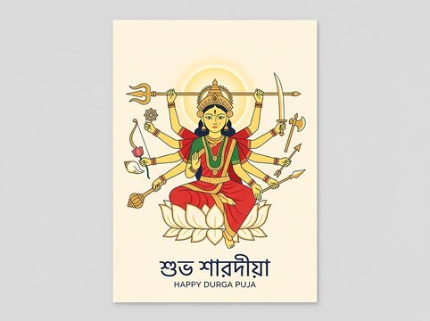 Subho Sharadiya Happy Durga Puja Greeting Card with Lotus Illustration