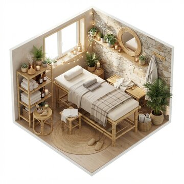 Isometric view of a tranquil spa massage room interior with massage table