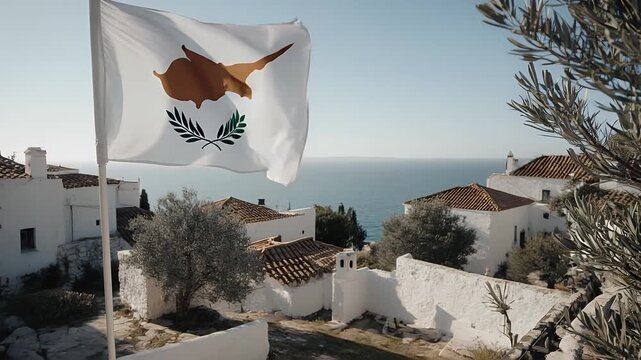 Cyprus Flag Waving Over White Buildings and Blue Sea.