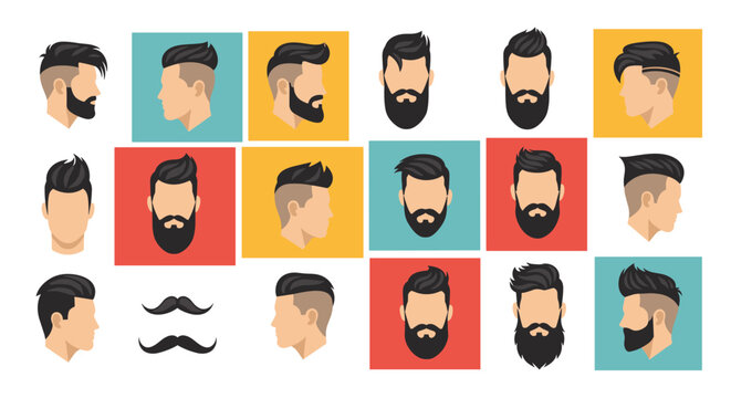 Extensive barber shop chart featuring numerous trendy male haircuts and beard styles shown from front and side views.