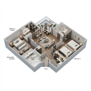 Apartment floor plan with two bedrooms and central living room