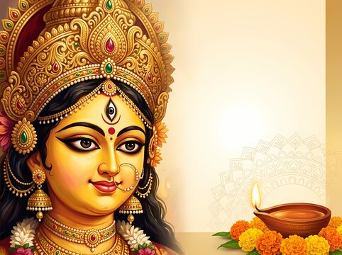 Goddess Durga Artwork with Diya for Festival Celebration