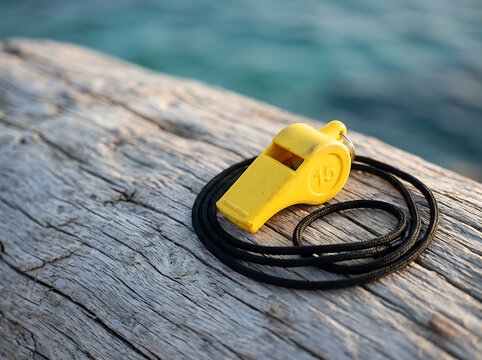 Yellow plastic whistle on a wooden dock by the sea