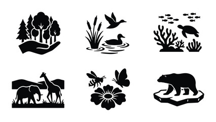 Fototapeta premium Nature Icons Set: Wildlife, Ecosystems, and Conservation Symbols, Vector Graphics