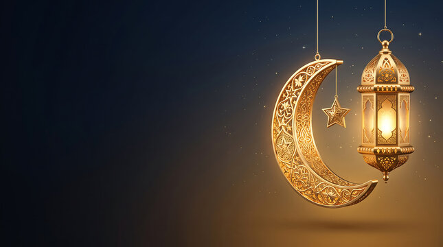 Golden Crescent Moon and Lantern for Ramadan and Eid Celebration