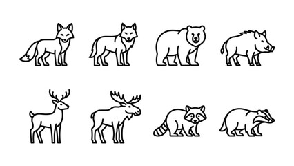 Fototapeta premium Forest Fauna Collection: A graphic collection of eight iconic forest animal illustrations, including a fox, wolf, bear, boar, deer, moose, raccoon, and badger, presented in a clean.