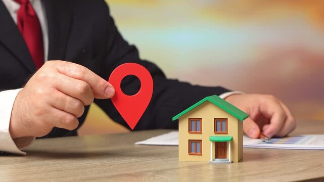 A house with a geolocation pin. Delivery to your address. Real estate services, online delivery, home security, and location-based marketing. Navigation and location.