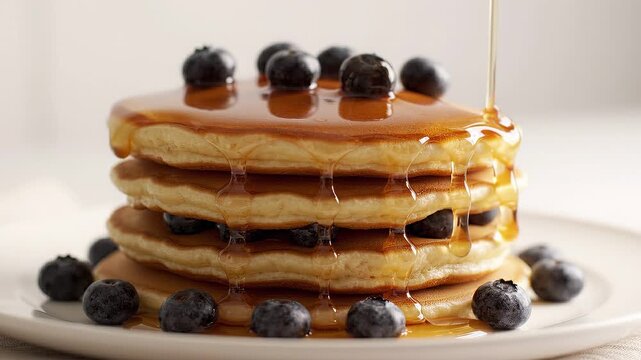 Stacked pancakes with blueberries are drizzled with golden syrup in food styling, leaving shiny glaze on white plate. Pancake stack remains tall while syrup streams and pools around berries.