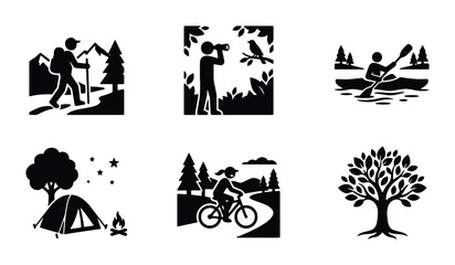 Fototapeta premium Outdoor Adventure Icons: Hiking, Camping, Cycling, Birdwatching, Kayaking, Nature Tree