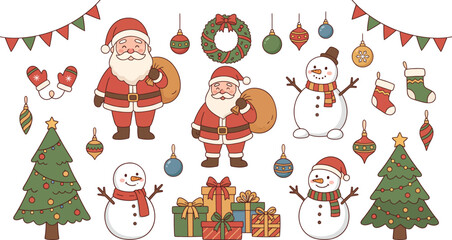 Fototapeta premium Christmas ornaments and santa claus figures colorful vector illustration