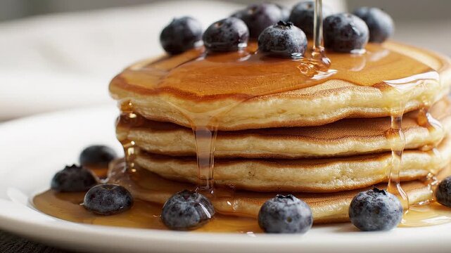 Pancake stack with blueberries and syrup glistens on plate as golden topping flows over soft layers. Pancake stack feels indulgent in breakfast dessert styling with fresh berries around edge.