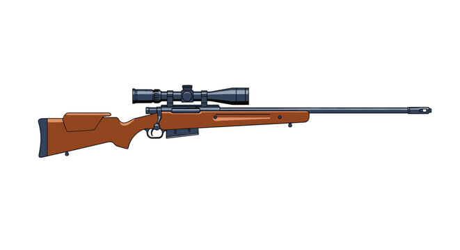 Precision sniper rifle with optical scope sight and wooden stock illustrated as a vector object against white.