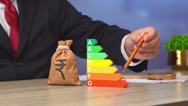 The efficiency scale and indian rupee money bag. Profitability of investments and deposits. Reliability of savings and absence of risks. Investment tier list.