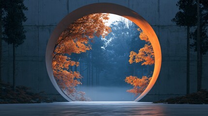 Obraz premium A Halloween background depicting an atmospheric forest viewed through a circular architectural opening, with orange autumn foliage outside and dense blue-gray mist between the trees