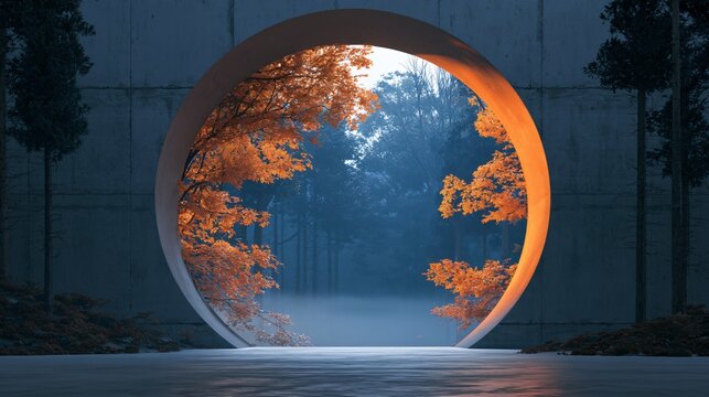 A Halloween background depicting an atmospheric forest viewed through a circular architectural opening, with orange autumn foliage outside and dense blue-gray mist between the trees