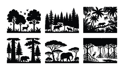 Fototapeta premium Diverse Wildlife Silhouettes: Forest, Jungle, Savannah, and Swamp Ecosystems, Vector Art Collection