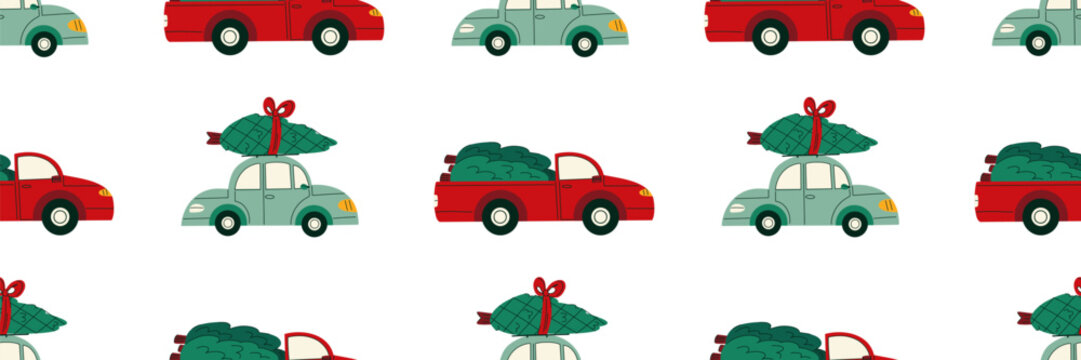 Seamless Christmas pattern with vintage cars carrying decorated fir trees, festive holiday vehicles and seasonal elements for wrapping paper, textile, fabric, stationery, wallpaper and packaging