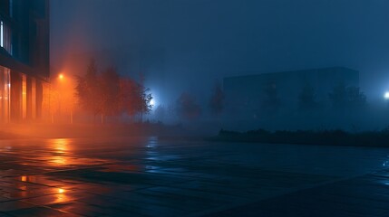 Obraz premium A Halloween background featuring a fog-covered modern city square at night, subtle orange lights glowing through the mist, abstract reflections on wet pavement, distant silhouettes of autumn trees