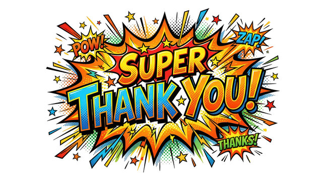 Super thank you text in a colorful comic book pop art explosion bubble style isolated on transparent background