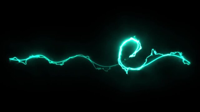 Cyan electric lightning streak depicting a glowing abstract energy line with vibrant motion effects in a seamless loop. 4K animation.