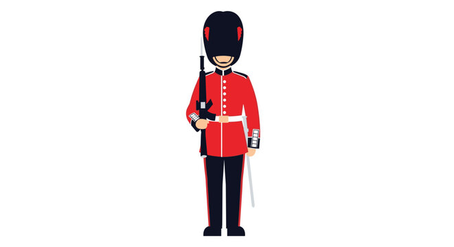 British royal queen guard soldier in red tunic and black bearskin hat standing with rifle vector cartoon.