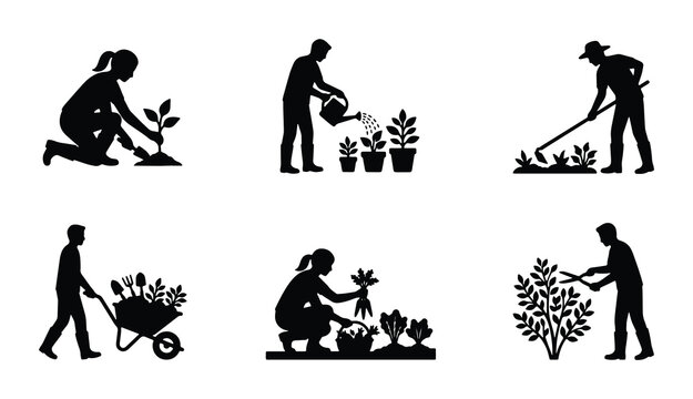 Gardening Silhouettes: Planting, Watering, Weeding, Harvesting, Pruning Icons Set