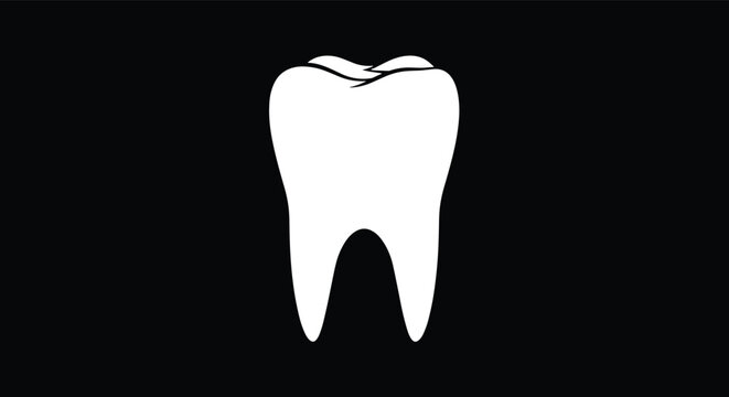 Minimalist stylized white silhouette of a healthy human tooth, centered on a solid black background.